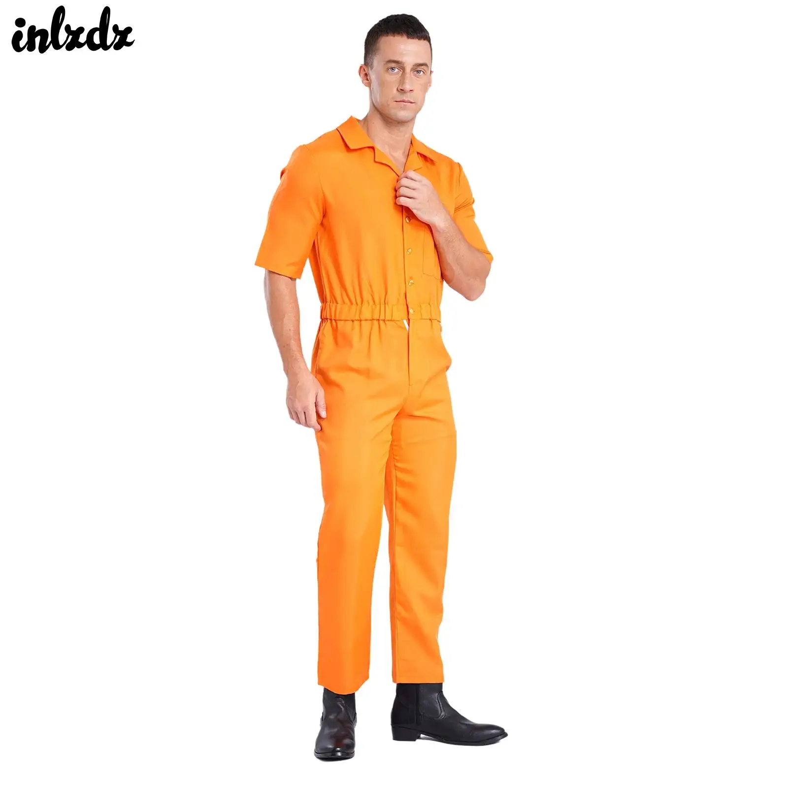 Mens Adult Inmate Jail Halloween Cosplay Costume Convict Detainee Outfit Prisoner Jailbird Jumpsuit Short Sleeve Print Overalls