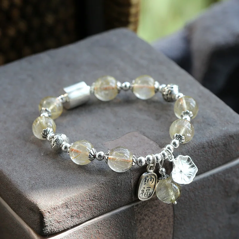 

Natural Blonde Rutilated Quartz For Women S Silver Lotus Tassel High-End Crystal Bracelet