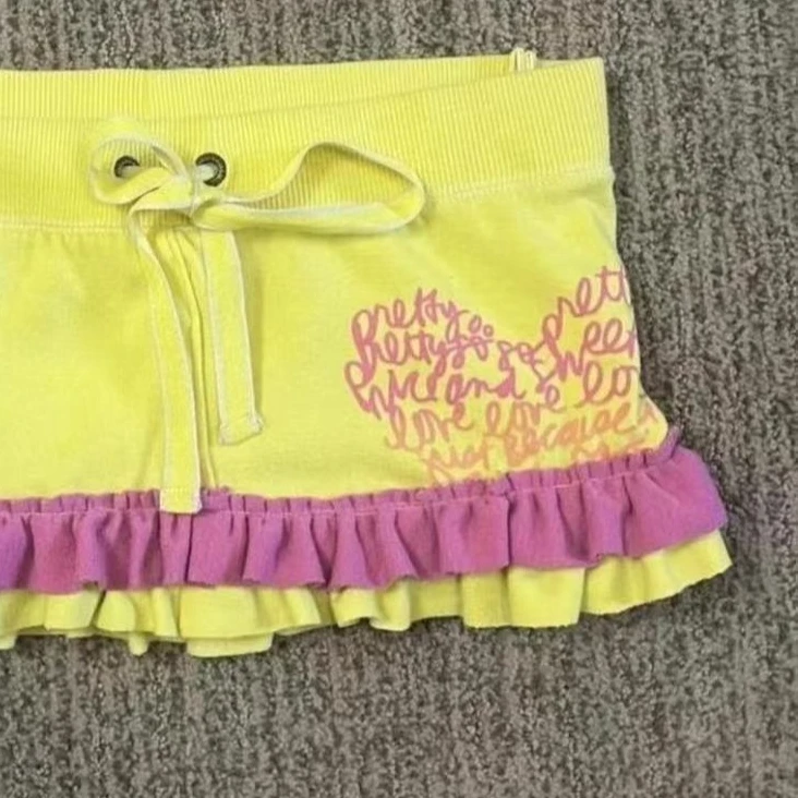 Bright Yellow Rise Micro Skirt for Women Letter Print Purple Double Ruffle Hem Y2K Cute Kawaii Casual Sweat Streetwear Bottoms