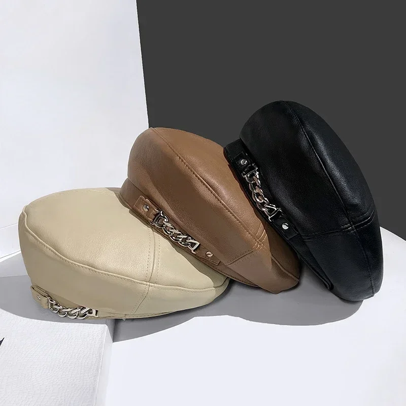 2024 New Women Pu Leather Winter Hat Chain Barette Hat Painter Berets Caps for Ladies Girls Hats Trendy Hat Elegant Beret