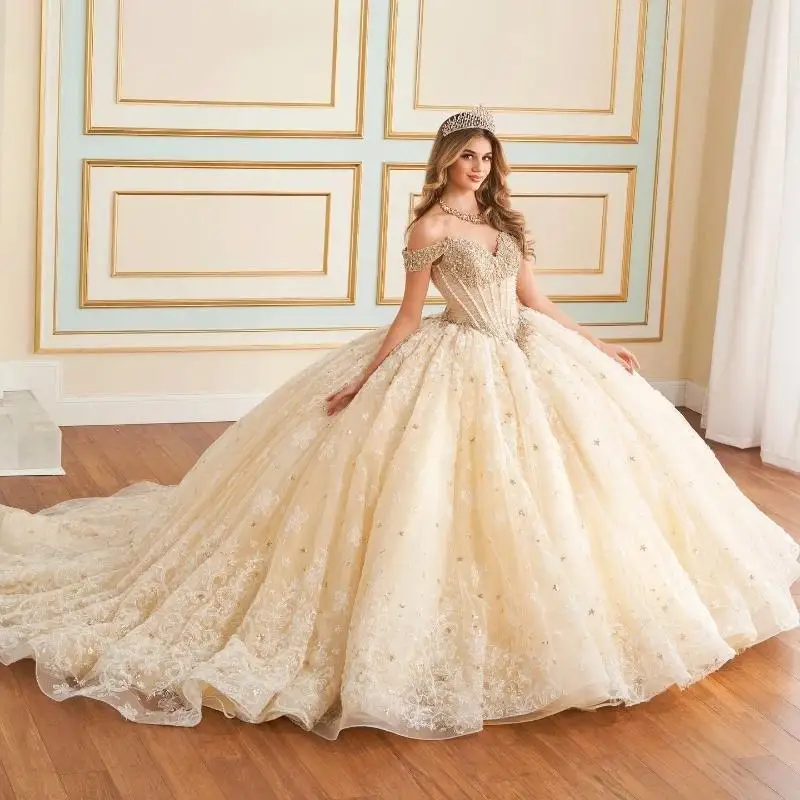 

Champagne Sweetheart Quinceanera Dresses Party Gown Off The Shoulder Applique Lace Beads Crystal Tull Princess Sweet 16 Dress Ve