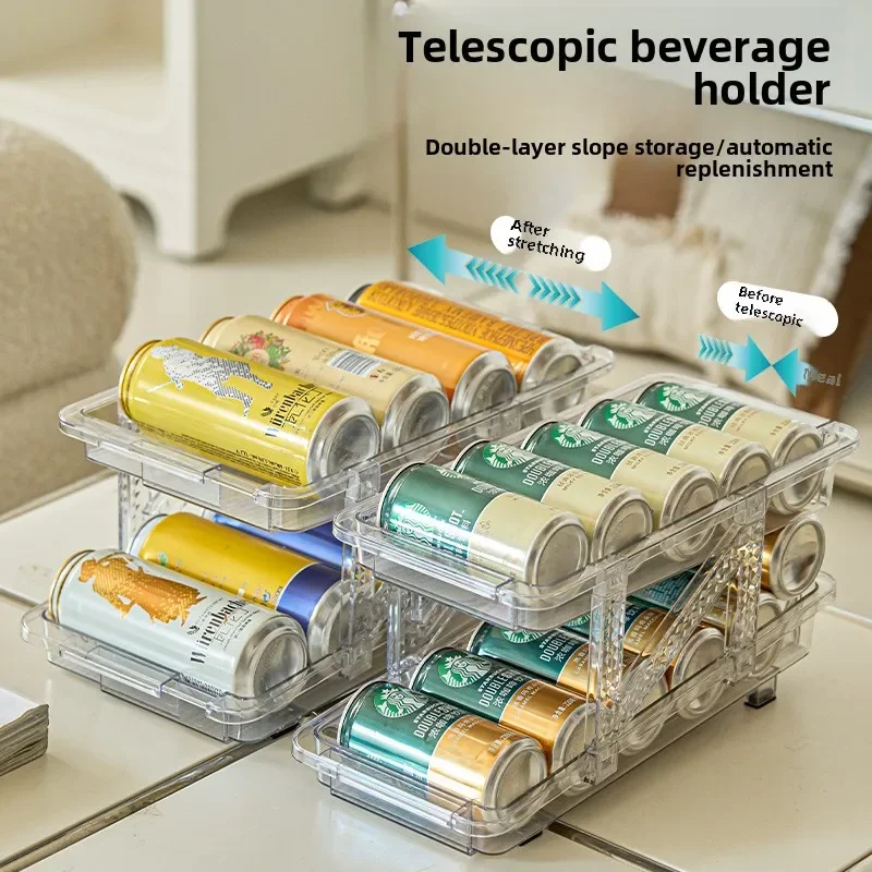 

2 Layer Expandable Storage Box Refrigerator Beverage Can Organizer Rolling Beer Dispenser Automatic