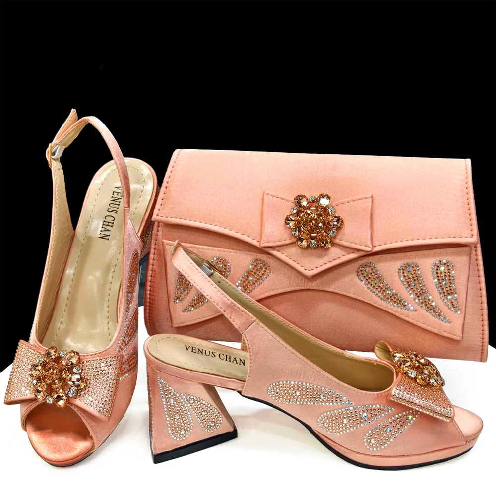 

doershow African fashion Italian Shoes And Bag Sets For Evening Party With Stones peach Italian Handbags Match Bags! HDF1-20