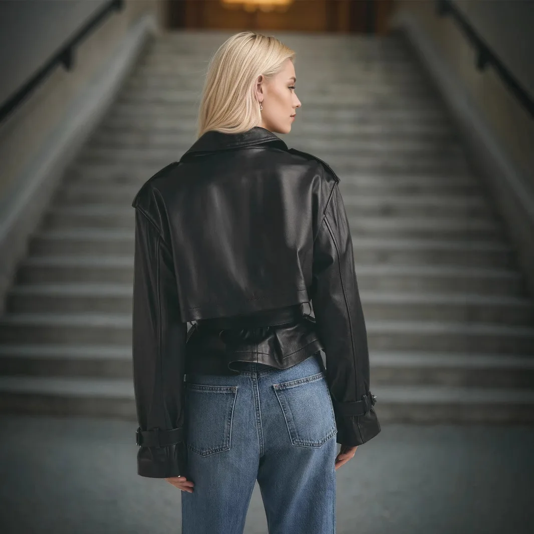 سترة جلدية سوداء أنيقة ذات طية صدر السترة للنساء عادية كم كامل الدانتيل يصل الخامس الرقبة فضفاضة سترات قصيرة 2025 سيدة التنقل اليومي أبلى جديد #5