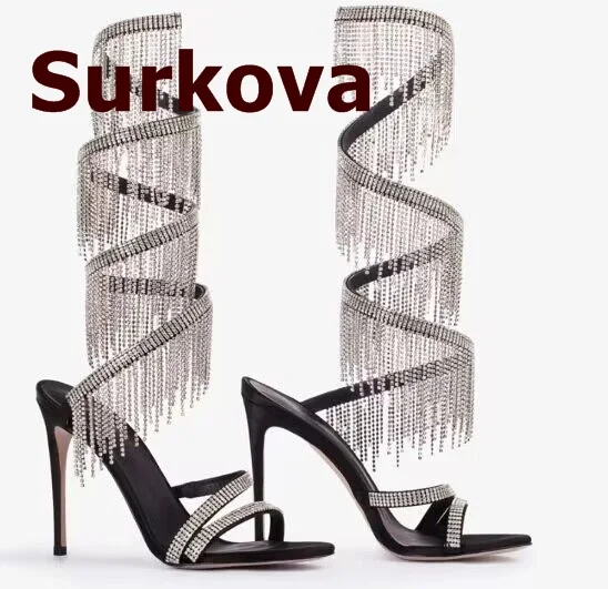 

Surkova Bling Bling Silver Crystal Chain Long Sandals Snake Shaped Twisted Strap Sandals Boots Rhinestone Fringe Stiletto Heels