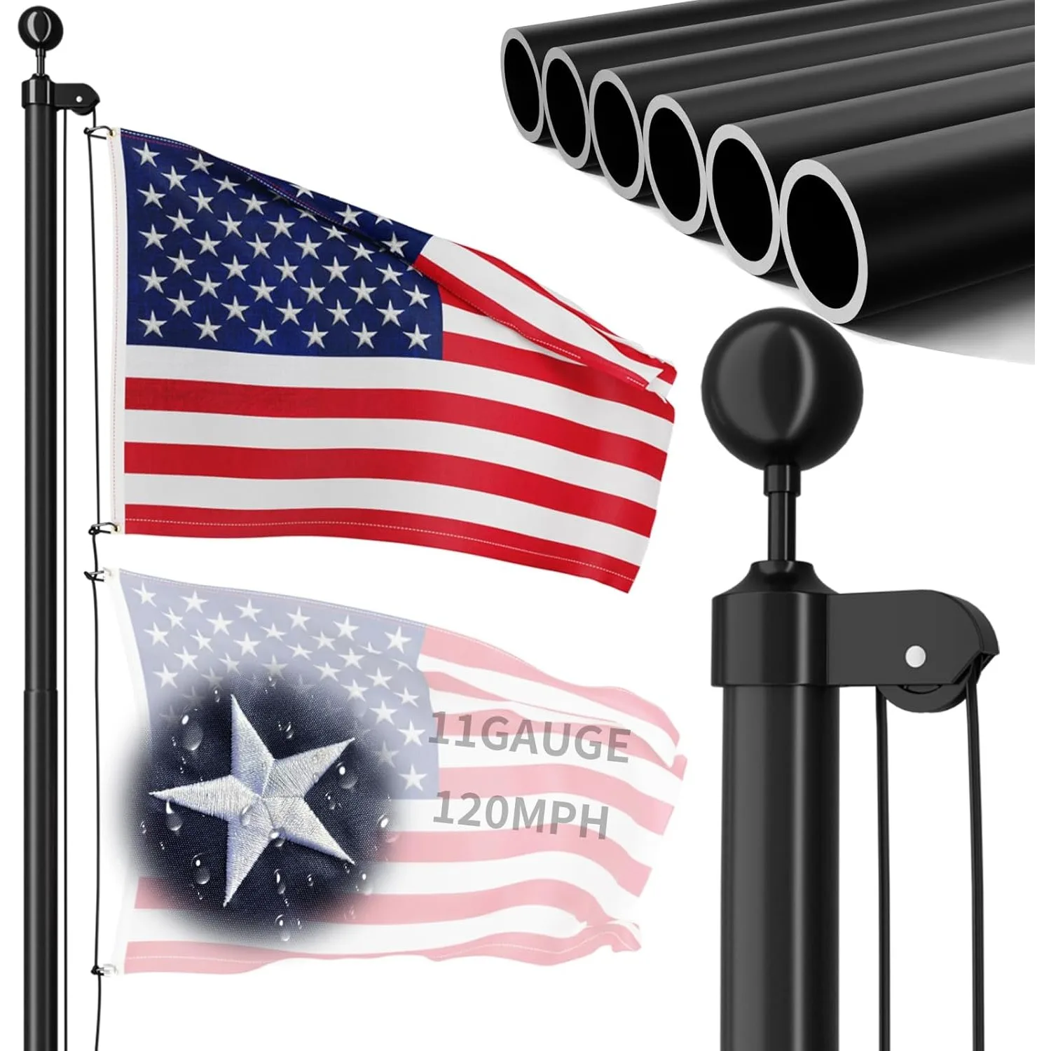 11 gauge Heavy Duty flagpole - 25 ft thickened aluminum flagpole kit for outdoor houses on the ground - 120 MPH wind test