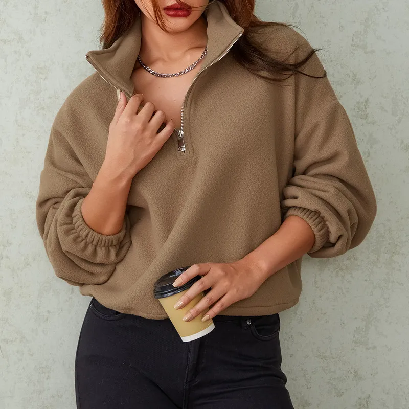 WPNAKS Women Loose Sweatshirt Autumn Winter Clothes Casual Solid Color Long Sleeve Half Zip Up Pullover Woman Clothing Steetwear