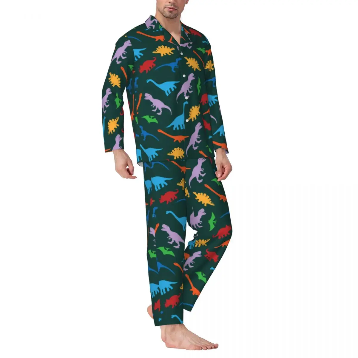 

Cartoon Dinosaur Sleepwear Spring Colorful Animal Print Casual Loose Oversize Pajama Sets Man Long Sleeve Day Pattern Nightwear