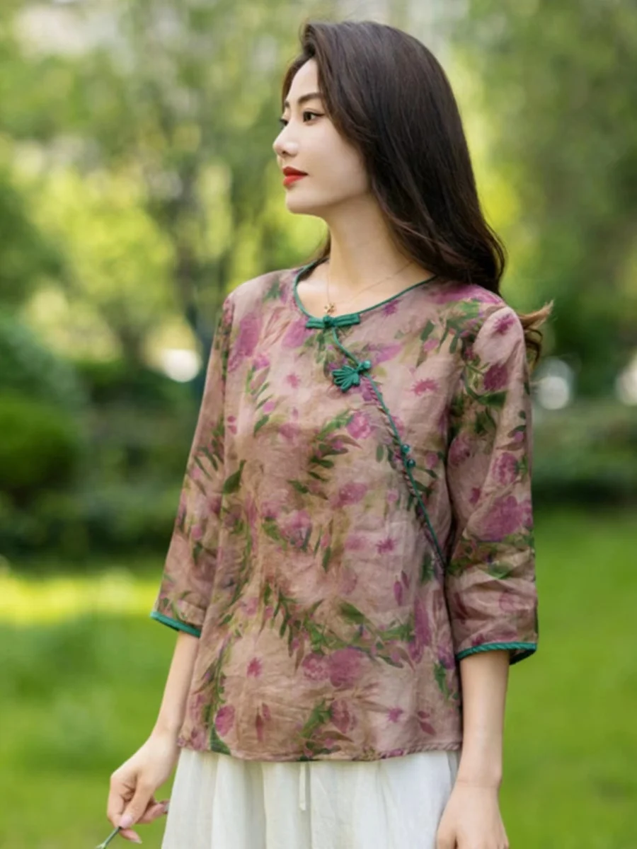 ريترو التباين اللون القطن الكتان طباعة irt المرأة الجديدة الصيف رقيقة Sve سبعة بلوم الأزهار أعلى زر متابعة جولة Ne #3