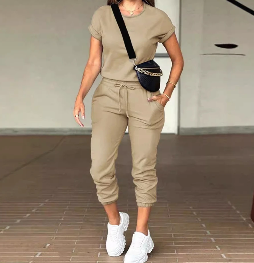 Women Two Piece Sets New Fashion Female Trousers Outfit Temperament Solid Women's Casual Round Neck Short Sleeve Top & Pants Set