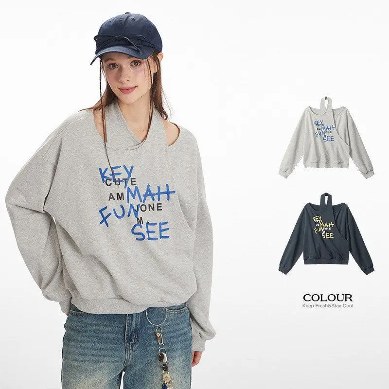 เสื้อสเวตเชิ้ตโอเวอร์ไซส์ผู้หญิง HeyHenry American Sle ดีไซน์แบบไม่มีปก แฟชั่นฤดูใบไม้ร่วง สไตล์ลำลอง แขนยาว ชุดสาวเปรี้ยว