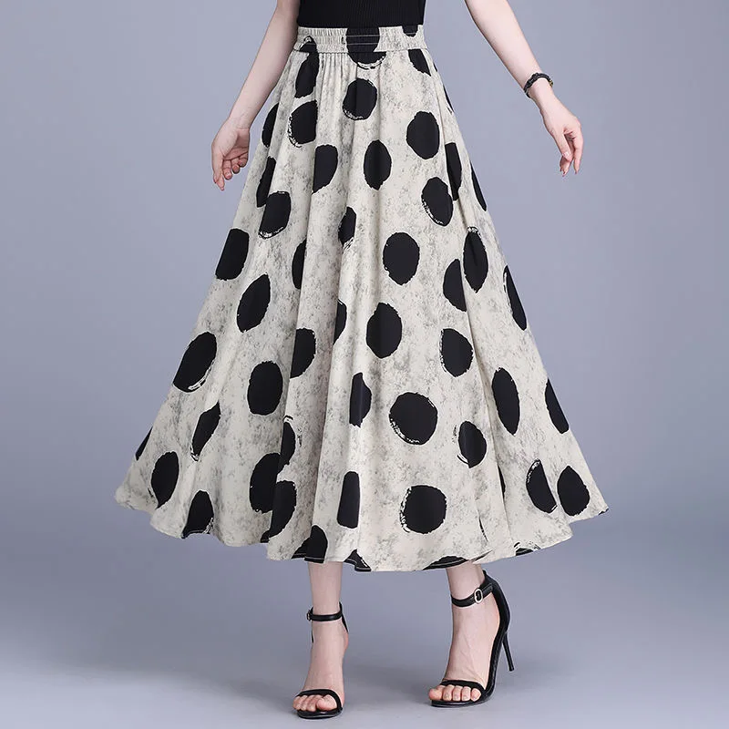 

Ice Silk Anti-Wrinkle No-Iron High Waist Midi Skirt Floral Print Busin Casual Polyester Blend Summer Skirt
