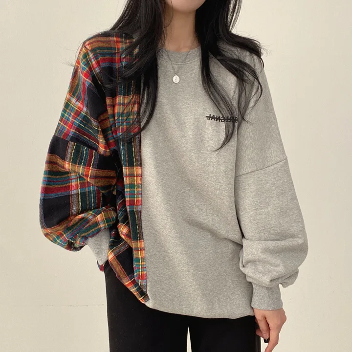 Spring Round Neck Plaid Long Sleeve 2025 Sensibility Korean Style Niche Design Printing Loose Fit Pullover Sweatshirt For Women