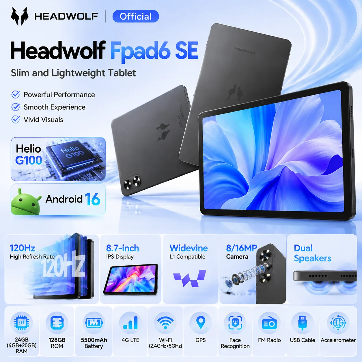 Headwolf FPad6 8.7inch Android16 Tablet 800x1340 4GB RAM+20GB expandable+128GB ROM 8MP/16MP Camera SIM 4G LTE WiFi+BT 5.0