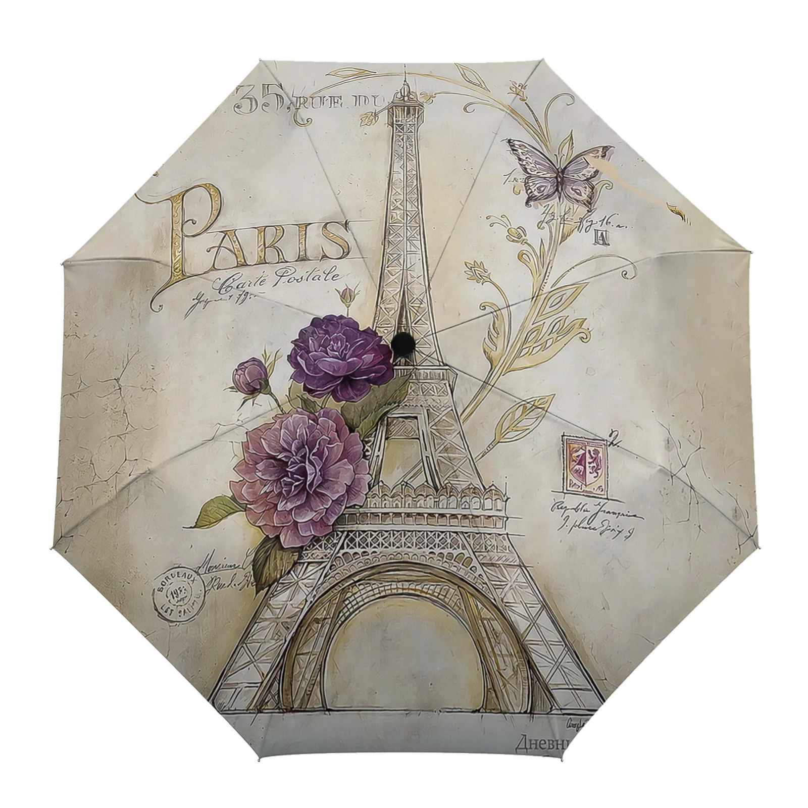 Paris Tower Flowers House Building Creative Umbrella Rain Women Non Automatic Three Folding Umbrellas Windproof Parasol