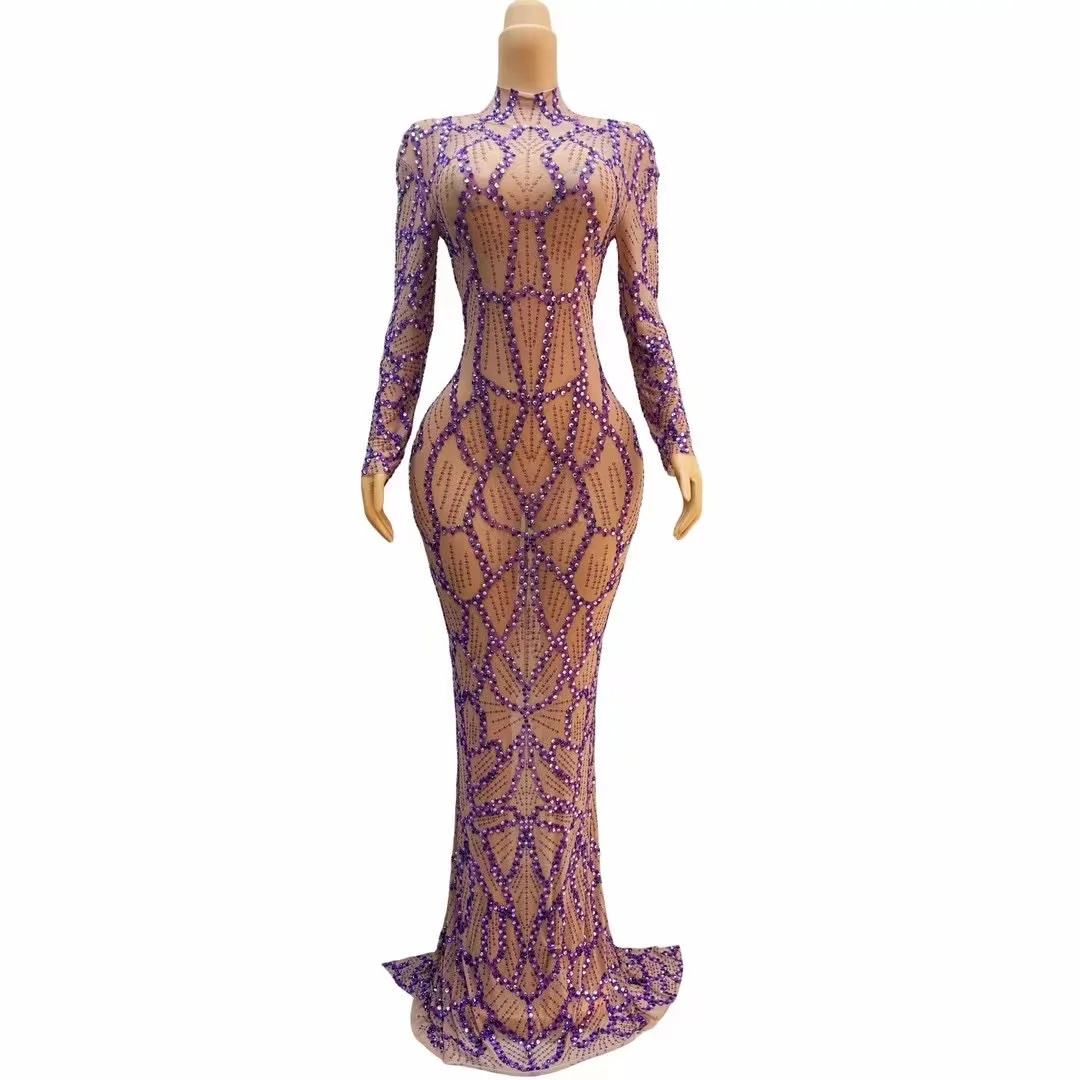 

Sexy Luxurious Ful Crystals Bia Train PurpleBeads Dress Evening Birthday Celebrate LongSleeves Floor-length Gowns Costume C298