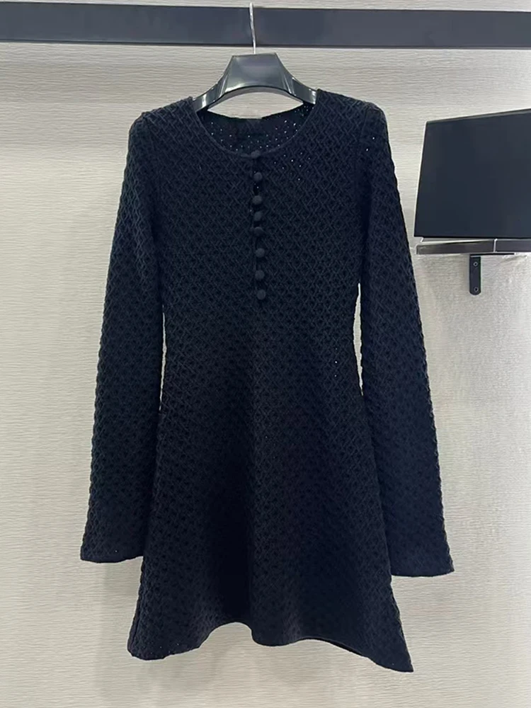 2025 spring women's new round neck single breasted sexy hollow wool dress fashion waist stretch A-line knit skirt