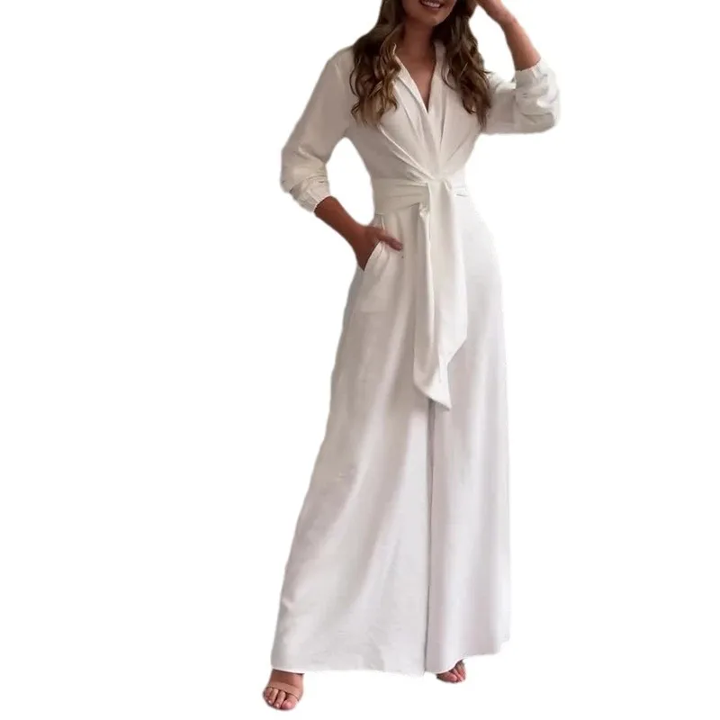 Fashion Lace-up Jumpsuit Autumn Office Ladies Turn Down Collar Solid Color Women Clothing Casual Commuting Style Female Clothes