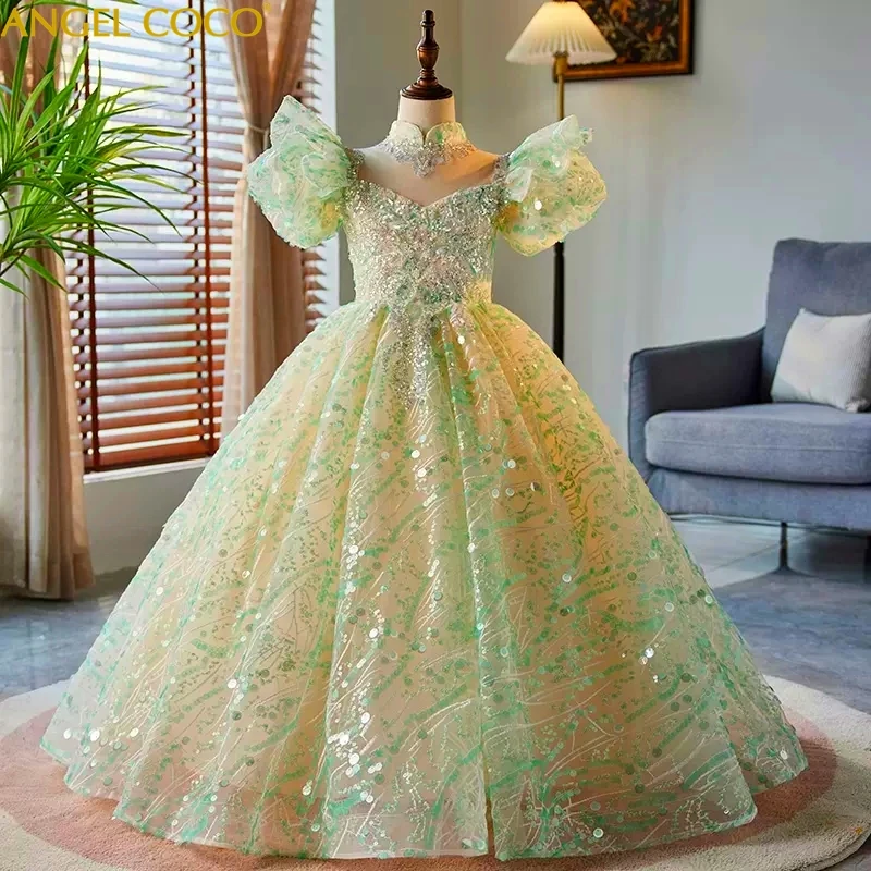 

Child Girls Evening Long Dress for Wedding Party Formal Ball Gown Elegant Bridesmaid Guest Green Dresses Kid Princess Pageant