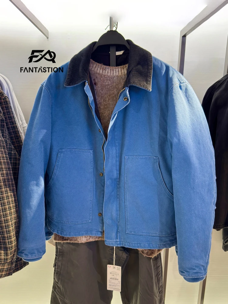 

FANTASTION Washed cotton jackets Splicing turn-down collar Loose Canvas jacket Cotton clothes Men's winter padded jackets tops
