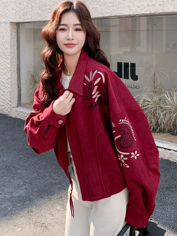 Red Faux Suede Sweet Jacket Women Loose Vintage Embroidery Preppy Style Short Coat Fall Winter Retro Design Female Outwear Tops