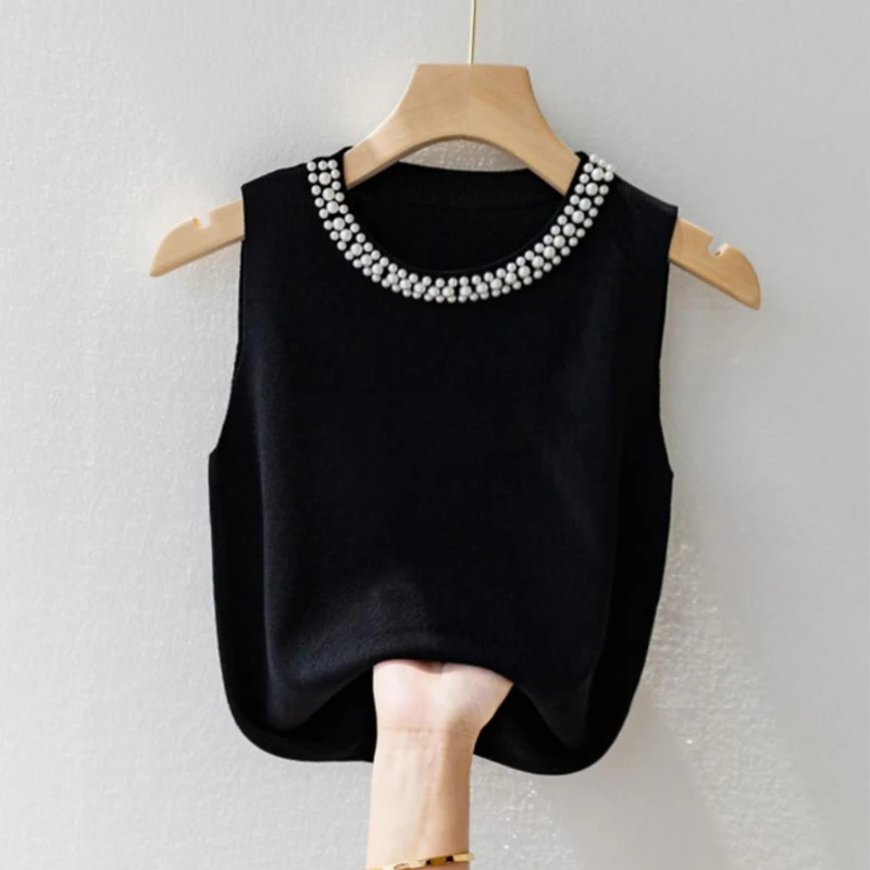 Effen Kleur Nail Bead Mouwloos Hemdje Vest voor Vrouwen Lente Herfst Nieuwe Slim Fit Kleine Geur Stijl Dame Gebreide Top 7115