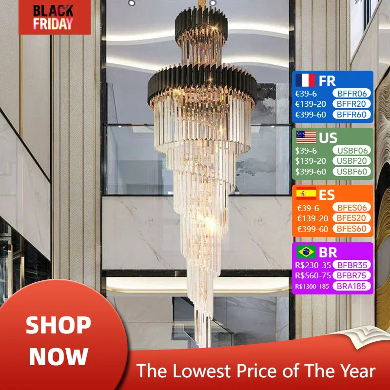 Modern Luxury Large Top Long Crystal Chandeliers Hotel Hall Living Room Multi-layer Staircase Black Stainless Steel Led Lights