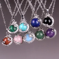 1PCS  Dragon Alloy Natural Stone 16mm Beads Pendant Necklace Amethyst Crystal Quartz Healing Energy Meditation Men Jewelry