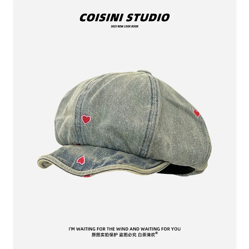 

Retro Love Embroidery Denim Newsboy Hats Women Spring Autumn Travel Casual Versatile Show Face Small Elegant Soft Brim Berets