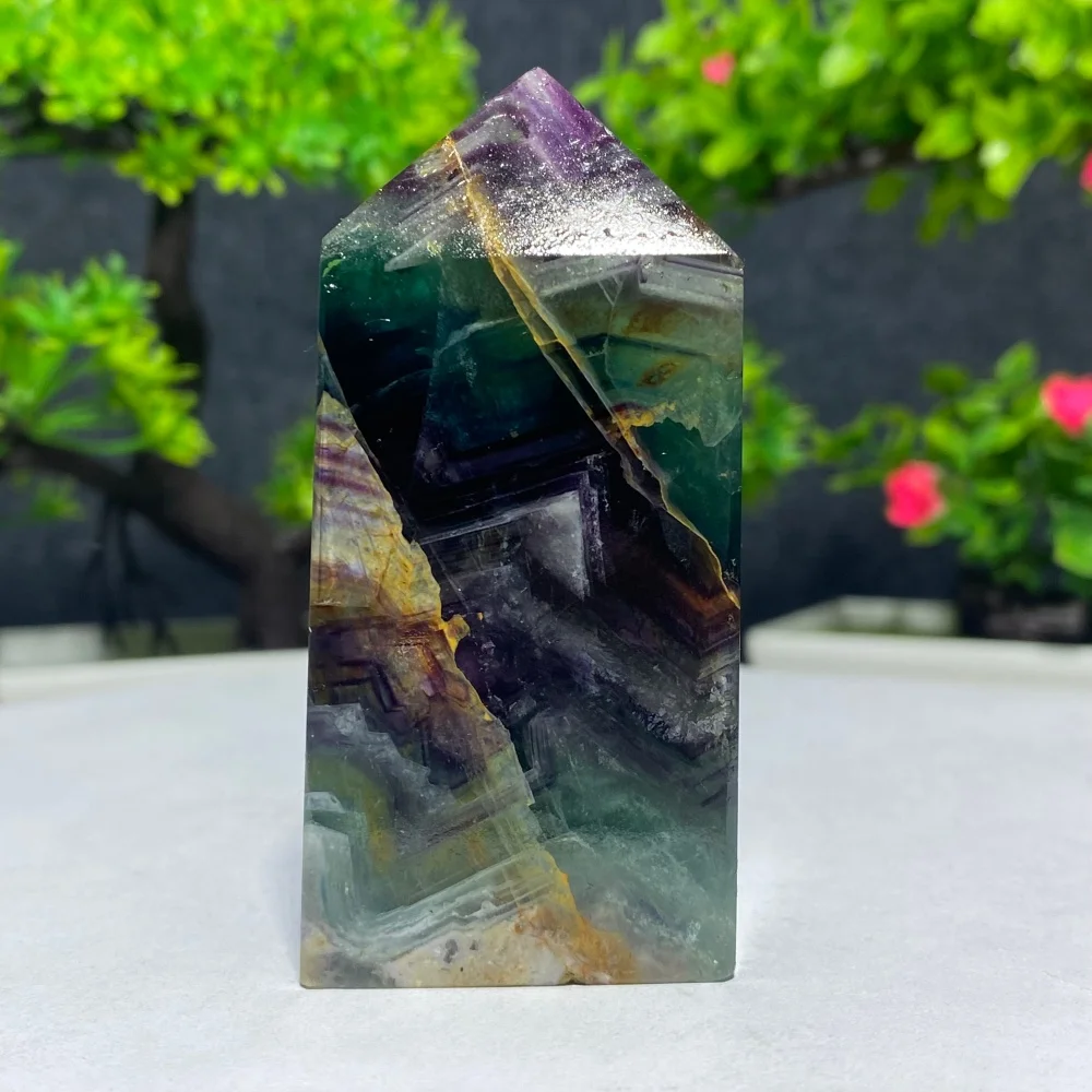 Natural Green & Purple Fluorite Crystal Tower Obelisk Wand Energy Healing Meditation Stone Home Decor Gift Specimen