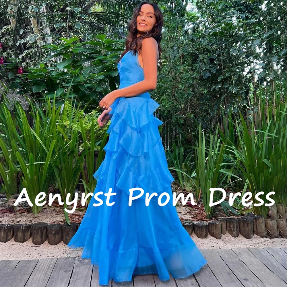 Aenyrst Blue V Neck A Line Holiday Dresses For Women Spaghetti Strap Ruffles Orangza Prom Gowns Floor Length Dinner Party Dress