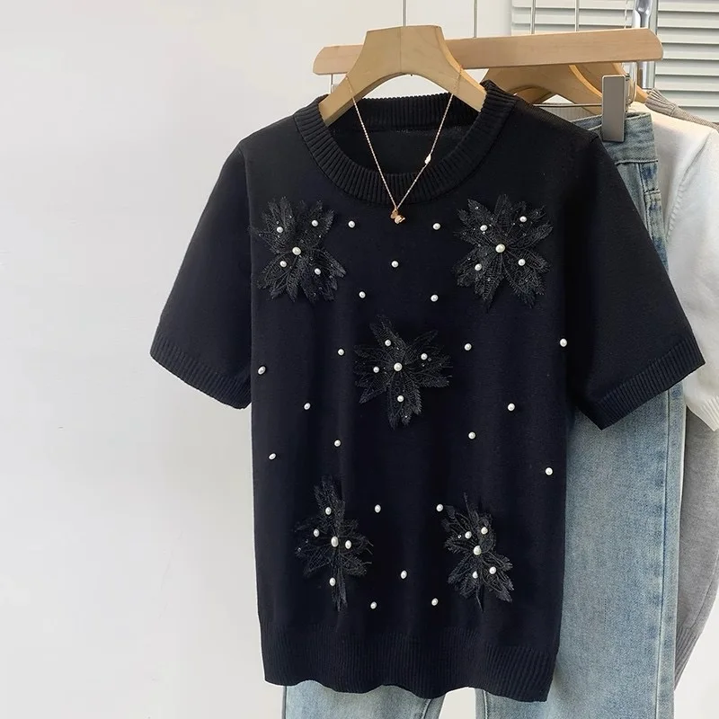Flor estéreo camisola de malha camisetas femininas 2025 verão manga curta o-pescoço camisetas topos moda casual elegante senhoras malhas
