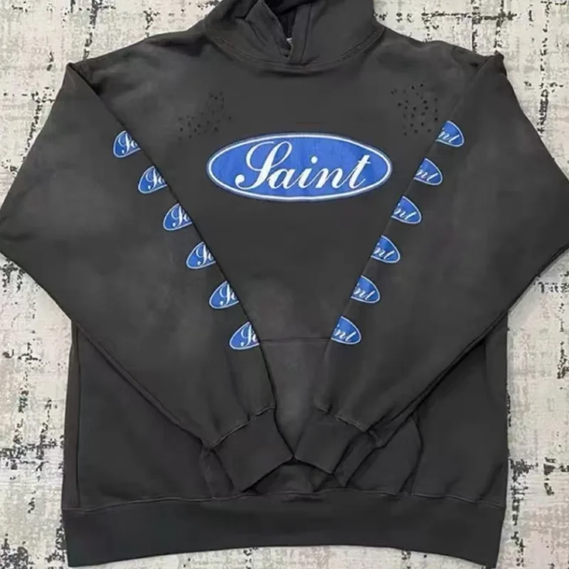 

High Street Hooded Saint Sweatshirt with Retro Letter Print Men Women Loose Casual Do Old Hole Pullover Hoody