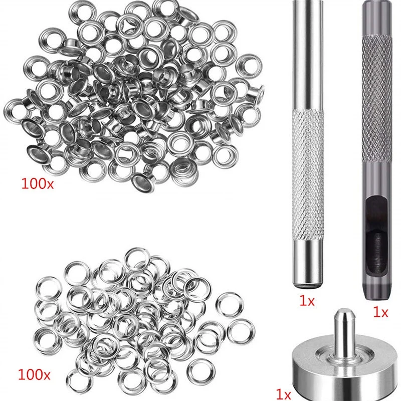 100 buah Set mata ikan logam 7Mm, Kit cincin Grommet dengan tongkat pelubang dudukan untuk aksesori DIY perbaikan pakaian Kerajinan Kulit