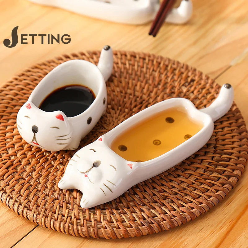 Cute Cat Ceramic Small Dish Mini Mustard Pesto Tomato Ketchup Soy Sauce Dish Seasoning Plates With Handle For Home Restaurant