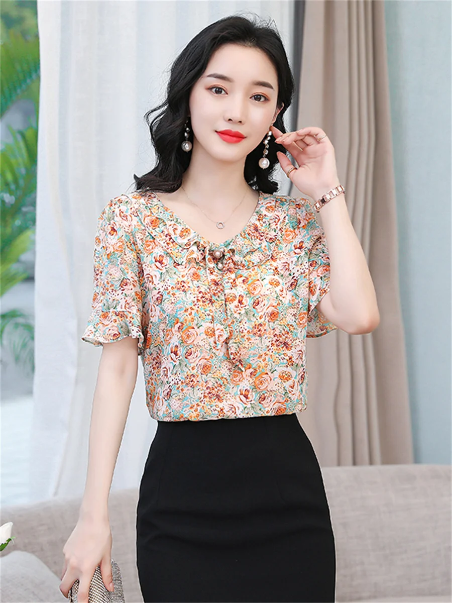

Женская летняя стильная блузка с коротким рукавом и воротником «Питер Пэн», блузы с цветочным принтом, топы DF4328