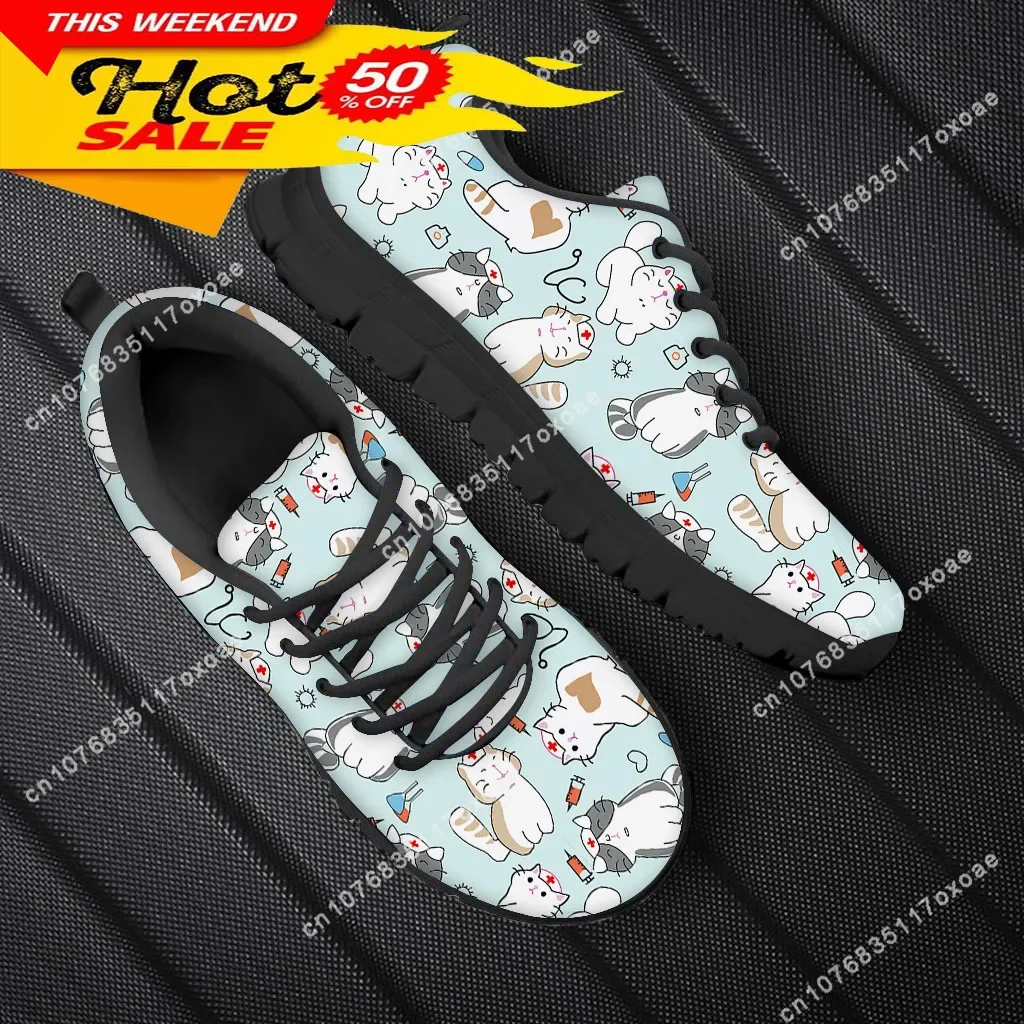 

Women Nurse Sneakers Cartoon Cat Veterinary Print Lightweight Mesh Flats Ladies Casual Winter Cute Nursing Shoes New