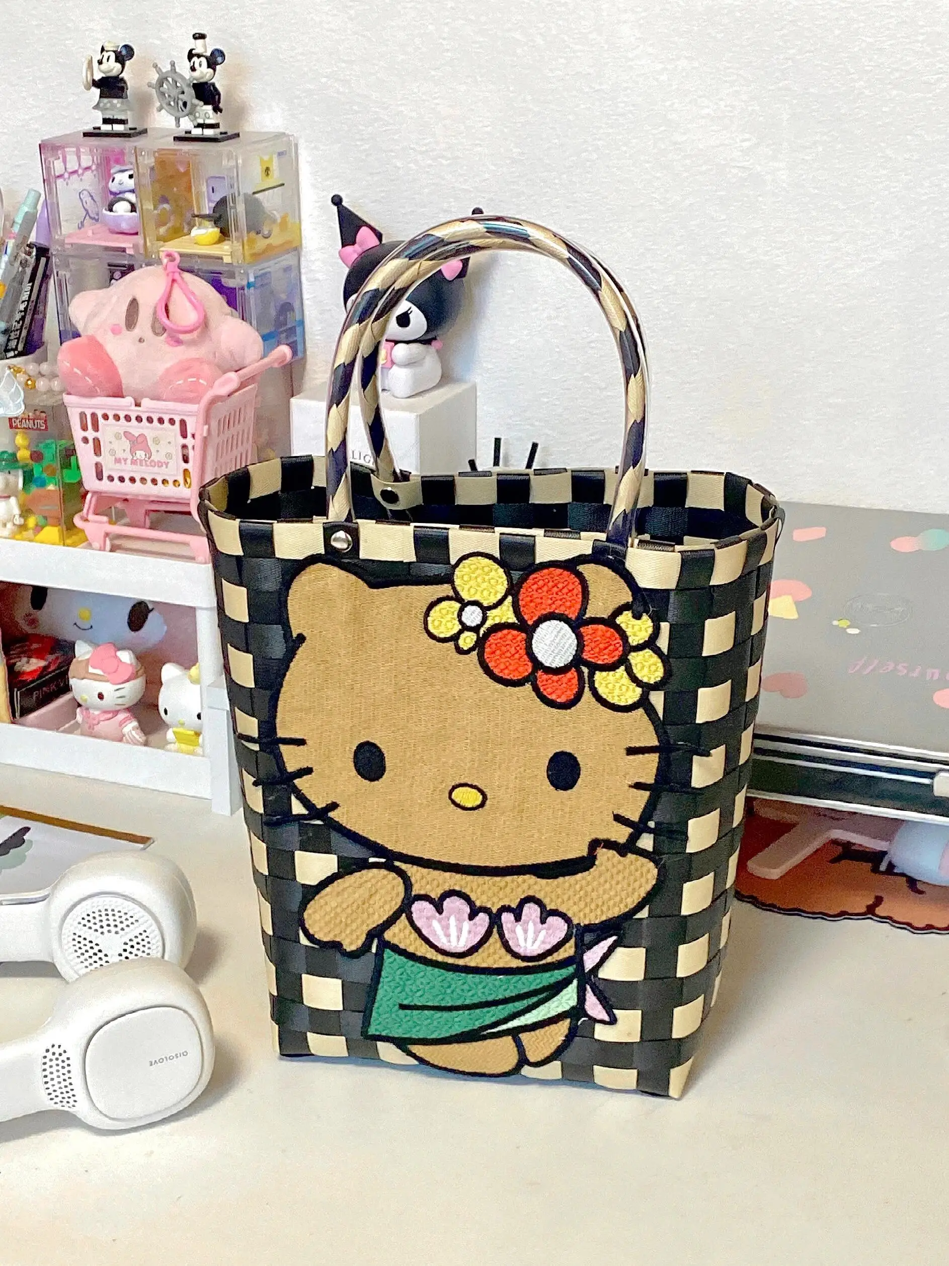 Sanrio Hello Kitty Woven Basket Bag Cute Embroidery PVC Handbags High Capacity Shoulder Tote Bags Beach Vacation Bags For Women