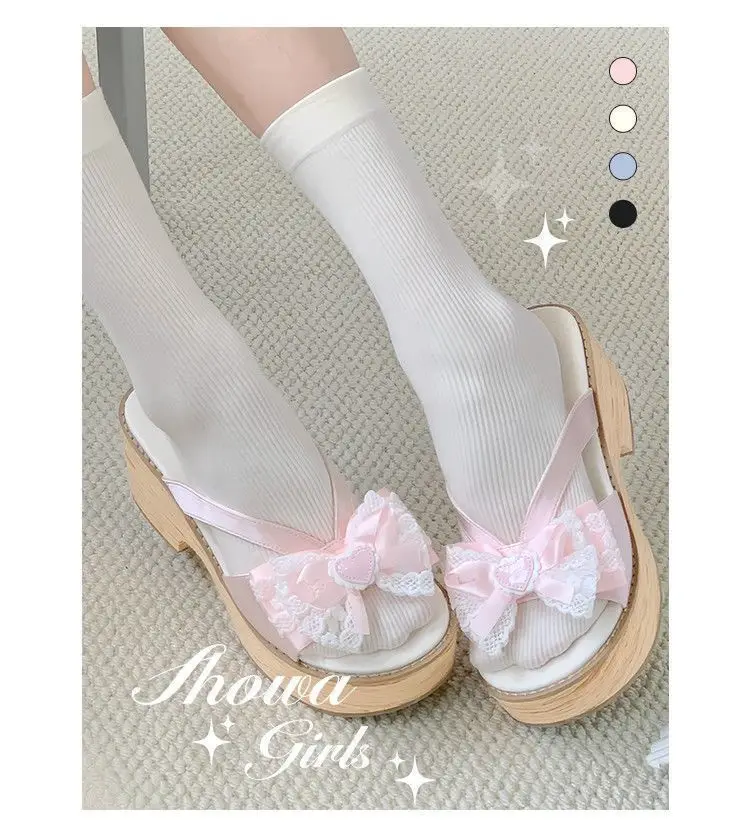 Sweet Bow Wood Grain Thick Bottom Platform Slippers Women Summer Japanese Cos Comfortable High Heeled Sandals