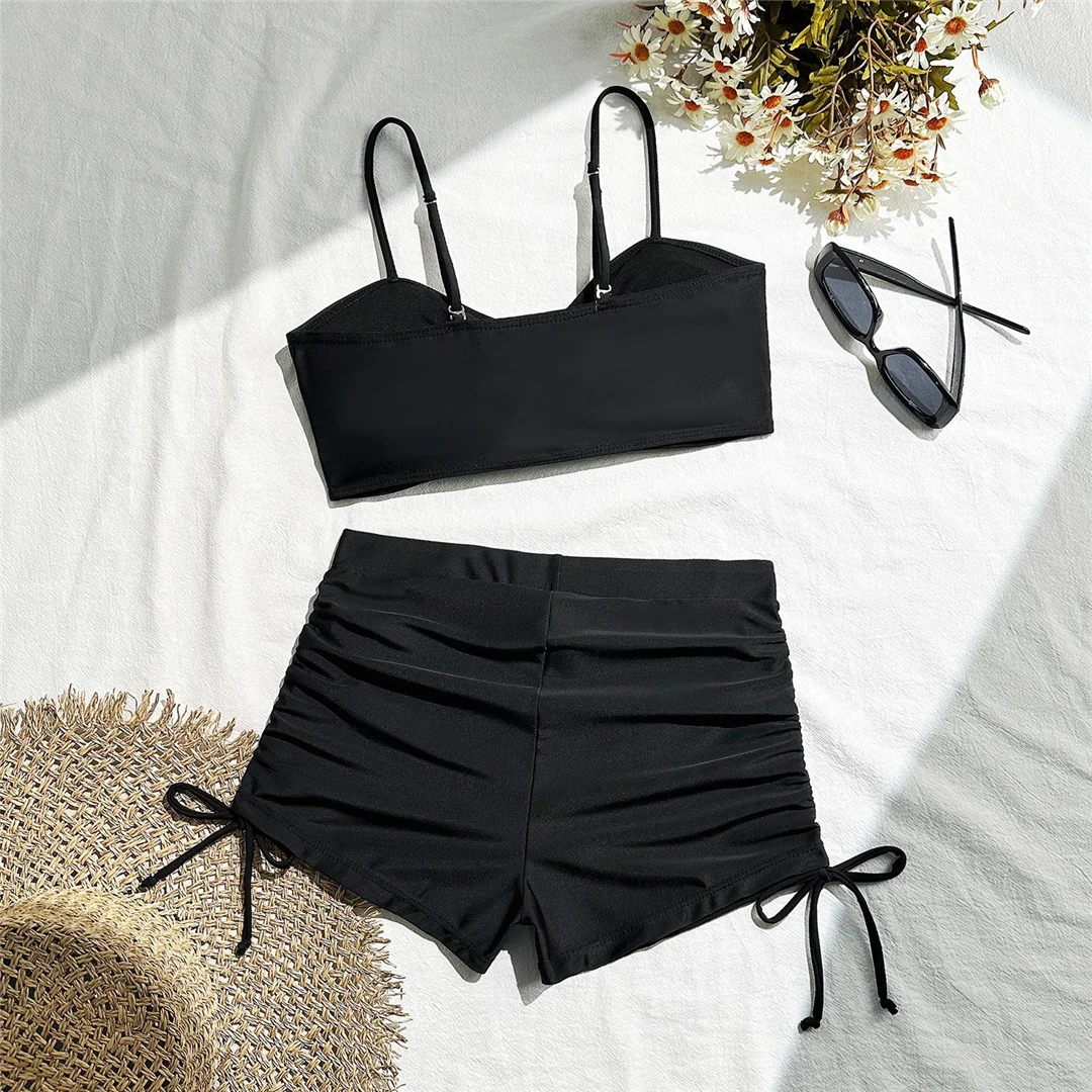Geknitterte, geknotete Shorts, Bikini mit hoher Taille, Damen-Badeanzug, zweiteiliges Bikini-Set, Badebekleidung, Badeanzug, Schwimmanzug V6197 – Detail 23