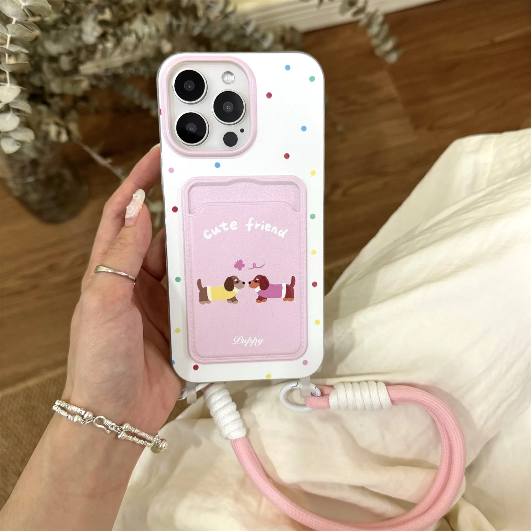 Korean  Cute Wave Point Puppy Card Bag Phone Case with Strap Rope Bracelet for iPhone 15 14 13 12 Pro Max Shockproof Back Cover