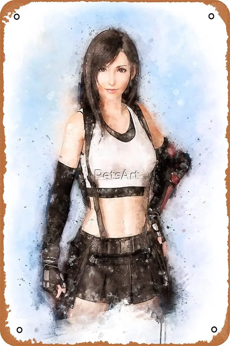 علامة ديكور الحائط muecddoa - ملصق ألوان مائية Tifa Lockhart Ff VII - لافتة معدنية ذات مظهر عتيق، بار، ديكور فني على شكل كهف للرجال.