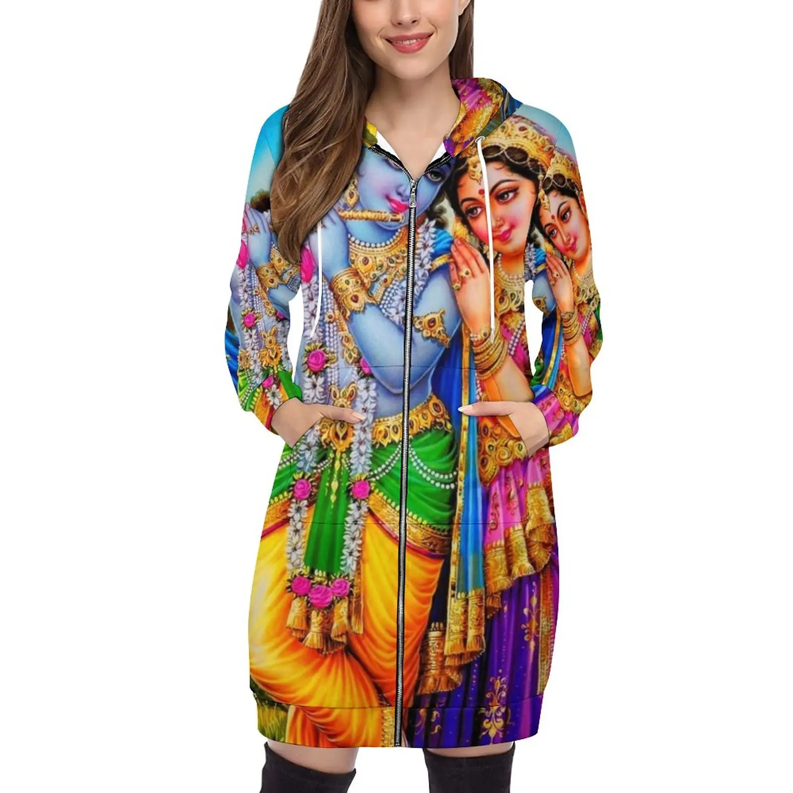 

Hindu Lord Radha Krishna Goddess Print Oversized Hoodie Women Drawstring Sweatshirts Personality Loose Hooded Sweatshirt