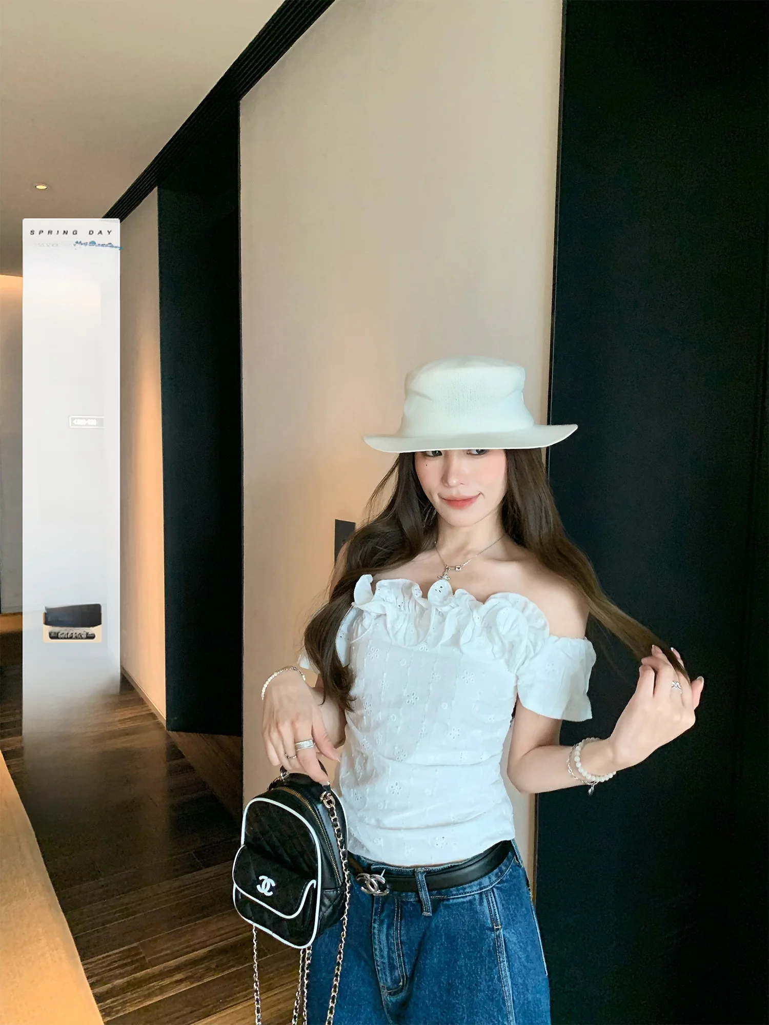 

Hhyii Embroidered Hollow out One Shoulder Short Sleeve Women's Top Slimming Casual Style Bubble Sleeve White Shirt