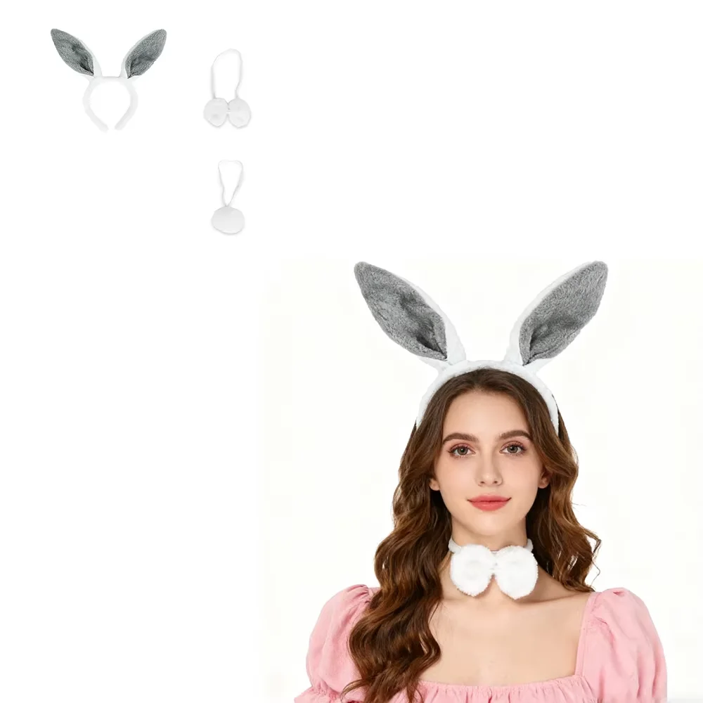PESENAR  Easter Bunny Costume Set with Grey Ears Headband Bow Tie and Tail for Holiday Party Accessory
