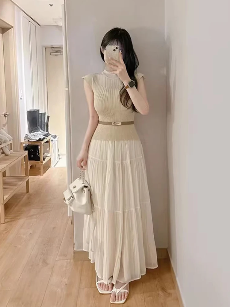 

Ele A-Line Skirt And Knitted Vest Set Pure Desire Sle f High Collar Svel Summer New Arrival for Women