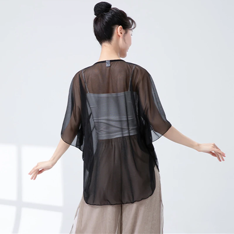 Top da danza classica da donna Manica a pipistrello divisa Cardigan legato fluido Costumi di performance popolare cinese Camicetta sari ampia Grembiule