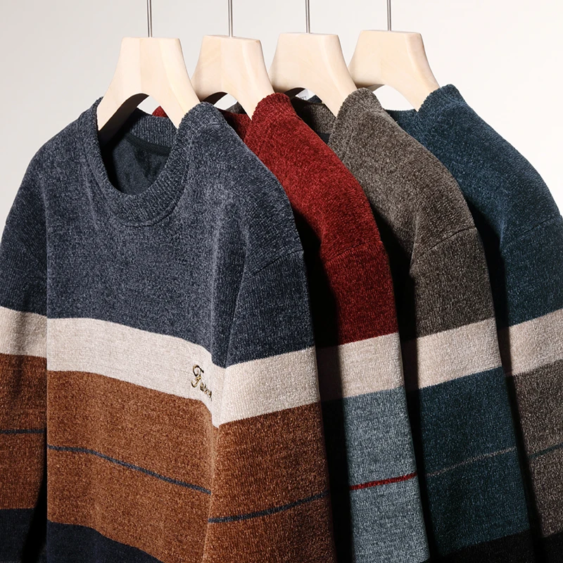 Men\'s Lapel Sweater Fashion Striped Knitted Pullovers Autumn Winter Fleece Lined Knitwear Thickened Jumpers New Jersey