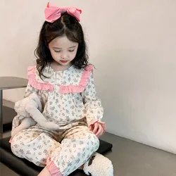 Autumn Children's Pajamas Set Korean New Girls' Cute Floral Set Long Sleeve Two Piece Suit Kids Home Clothes