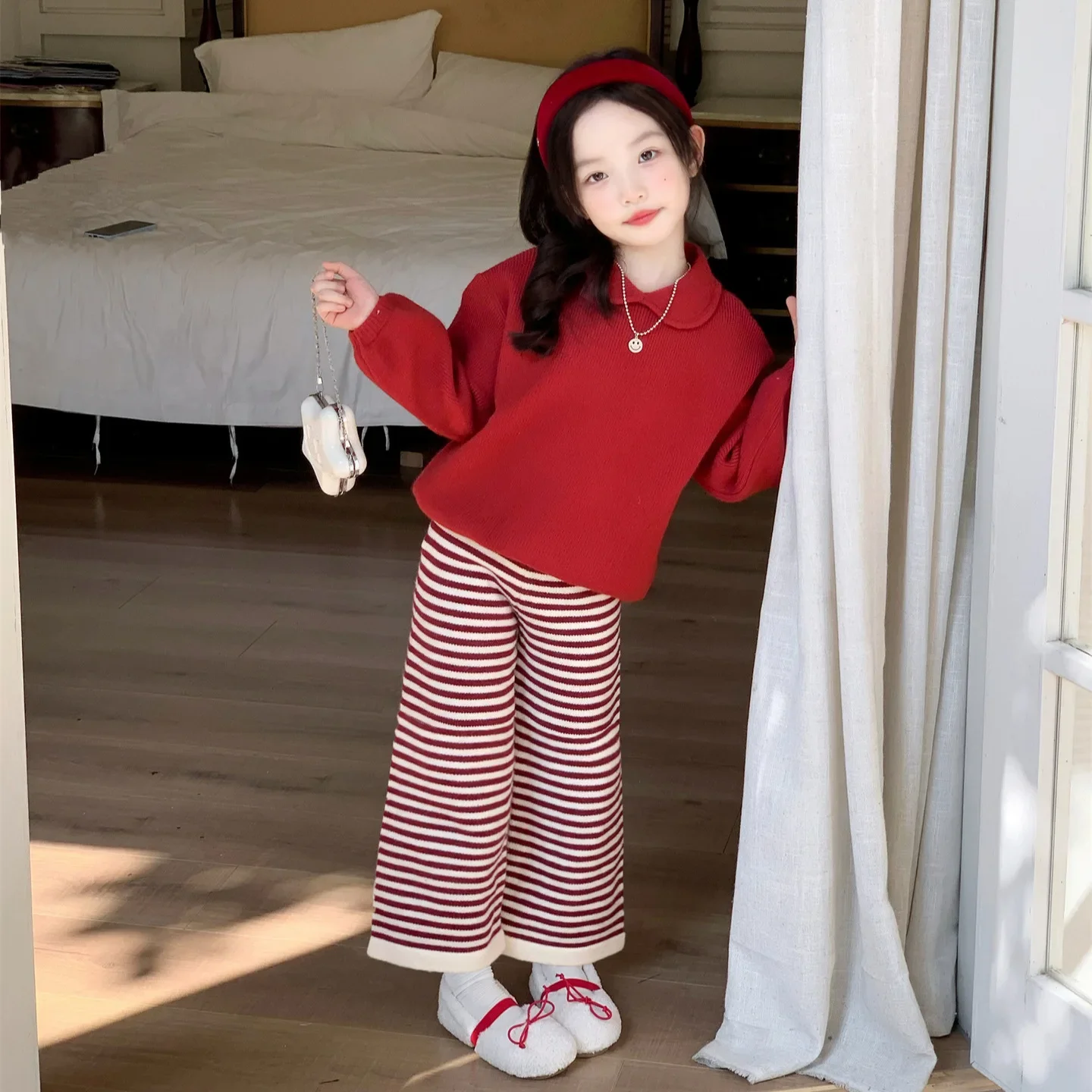 2025 autumn and winter new Korean female treasure red top Girls cheongsam collar sweater thickened long sleeves